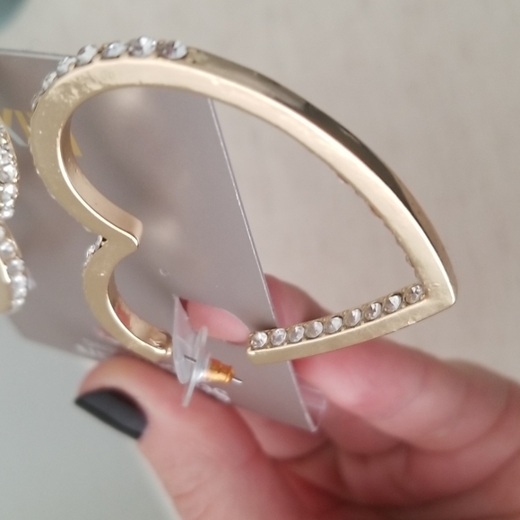 Large Gold Heart Post Earrings with Crystals, NWT - Picture 4 of 7